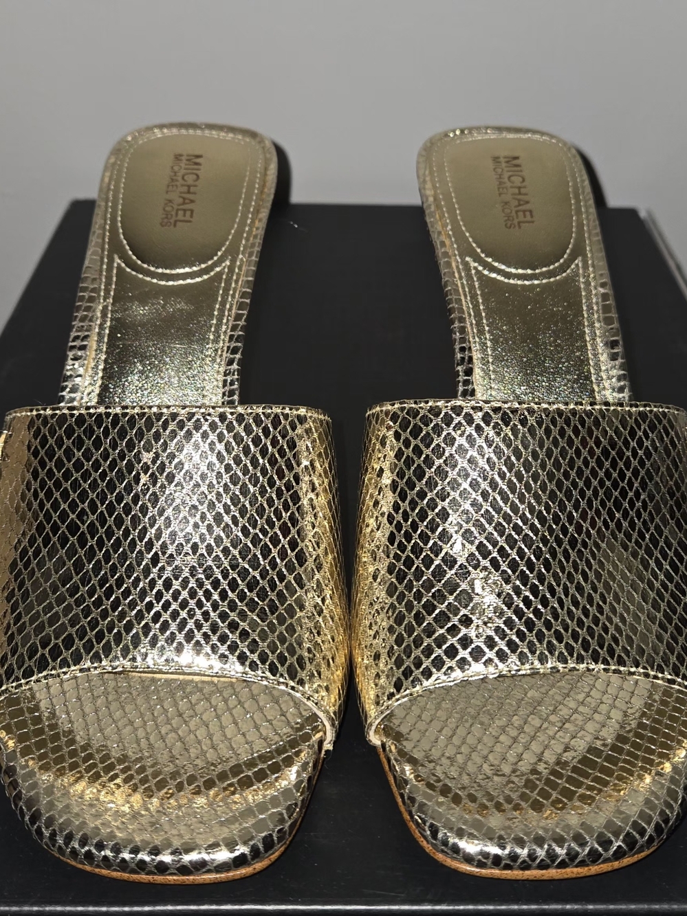 Michael Kors Metallic Gold Snake-Embossed Slide Mules